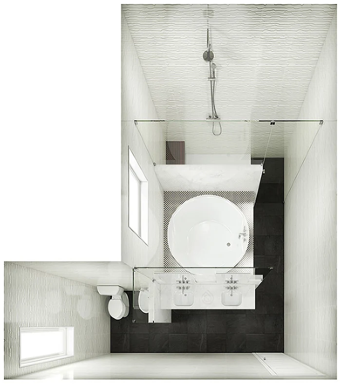 L Shape Bathroom Layout with Large Round Bathtub, walk in shower enclosure, toilet and bathroom sink