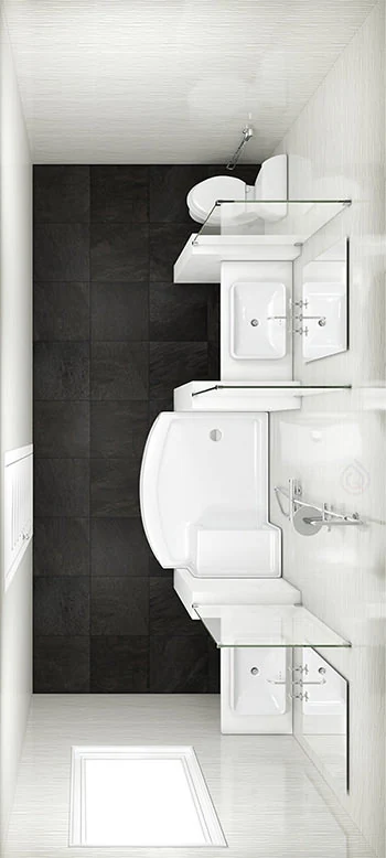 Rectangular Bathroom Layout with Enclosure, Toilet and Two Bathroom Sink