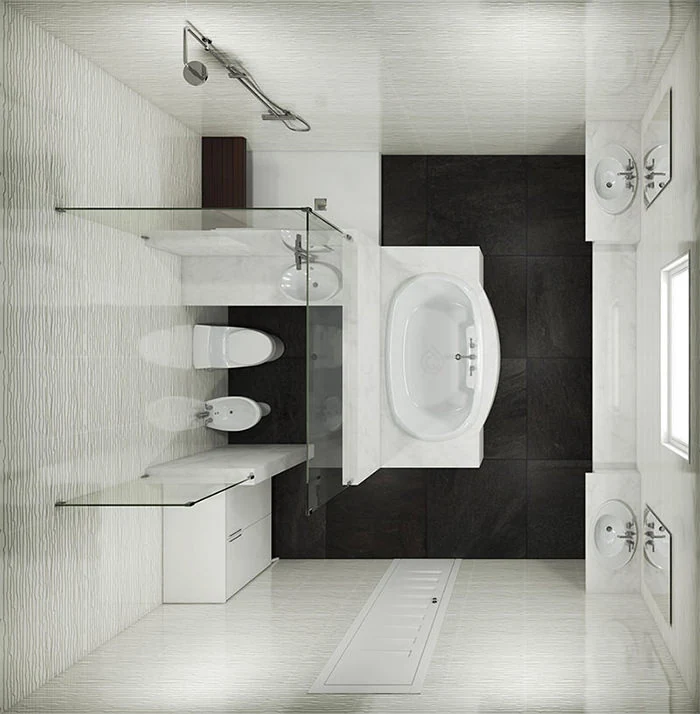 Large Bathroom with Bath In the Center and Shower Enclosure