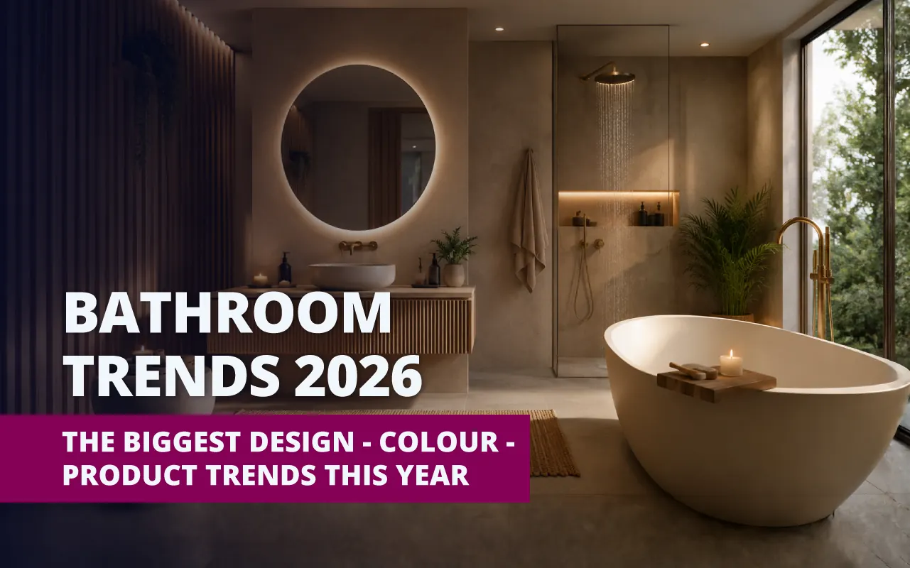 "Bathroom Trends 2026" banner over a beige spa bathroom with a backlit round mirror, fluted vanity, rainfall shower and freestanding tub