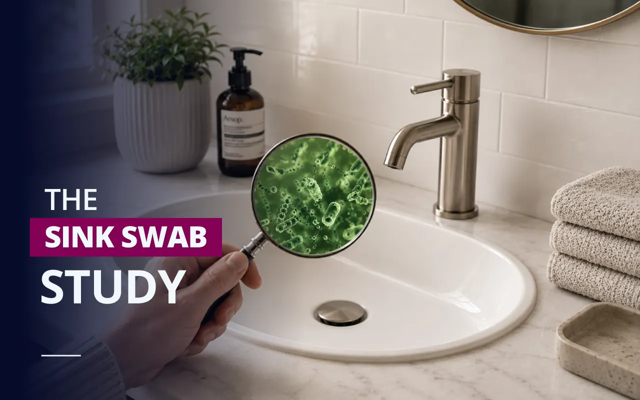 Close-up of a bathroom sink being examined with a magnifying glass showing bacteria growth for a bathroom hygiene swab study.