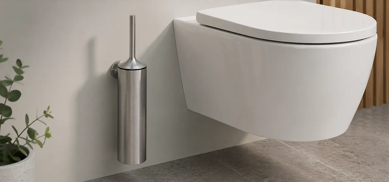 Brushed bronze wall-mounted toilet brush and holder beside a white wall-hung toilet, against a pale wall.