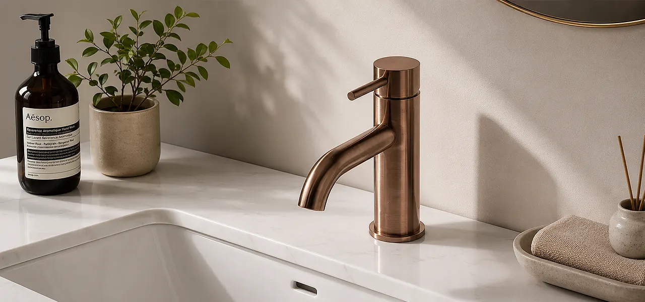 Brushed copper single-lever mono basin mixer tap on a white countertop