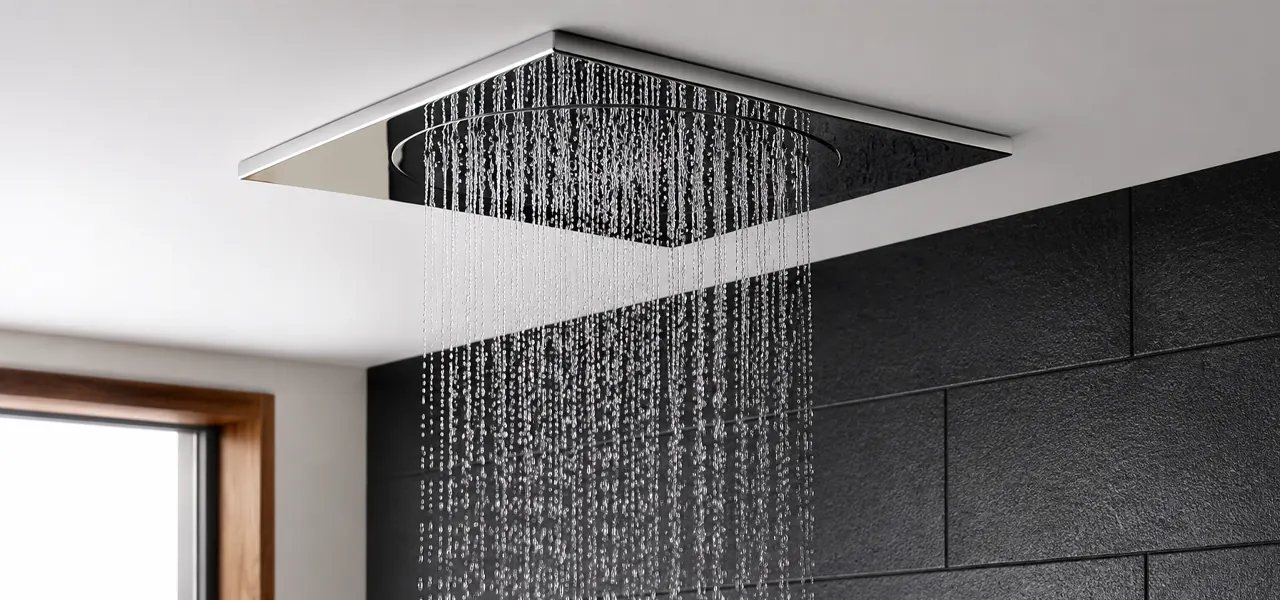 Ceiling-mounted rainfall shower head streaming water in a walk-in shower with square chrome body jets on a dark tiled wall.