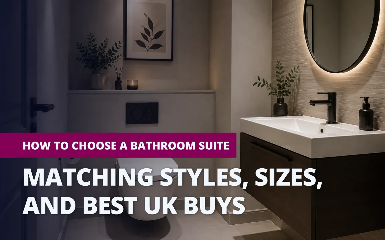 Featured banner image for "How to Choose a Bathroom Suite: Matching Styles, Sizes, and Best UK Buys," showing a modern bathroom with a wall-hung toilet, dark wood wall-mounted vanity unit with countertop basin and matt black taps, and a round backlit mirror in warm neutral tones.