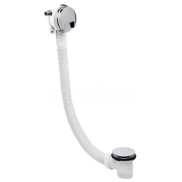 Chrome bath overflow filler and pop-up waste with a white flexible connecting hose.