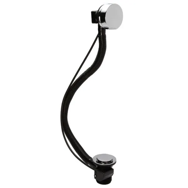 Chrome bath pop-up waste with a black flexible overflow pipe connecting the round overflow cover to the plughole plug.