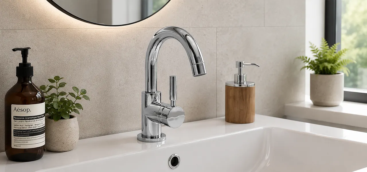 Chrome curved gooseneck single-lever basin mixer tap on a white countertop beside a soap dispenser.