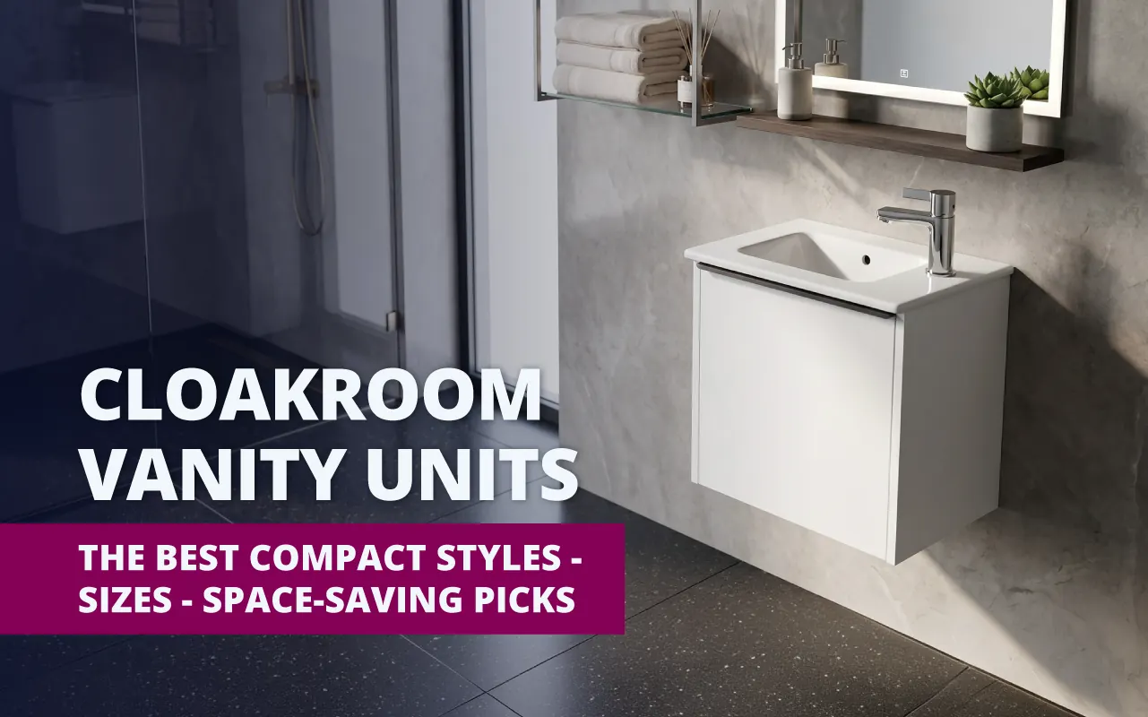 Wall-hung white cloakroom vanity unit with a chrome tap and illuminated mirror in a grey marble-effect bathroom, beside the title "Cloakroom Vanity Units: The Best Compact Styles, Sizes & Space-Saving Picks."