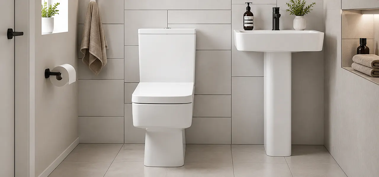 White close-coupled toilet with a square cistern and soft-close seat, beside a basin against grey-tiled walls.