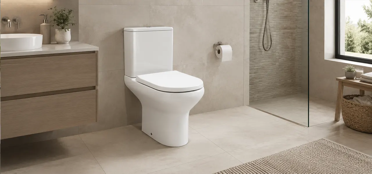 A rectangular white ceramic countertop basin sits on a light wood vanity beneath wall-mounted rose gold mixer taps against a grey concrete-effect wall, creating a boutique-hotel-style focal point.