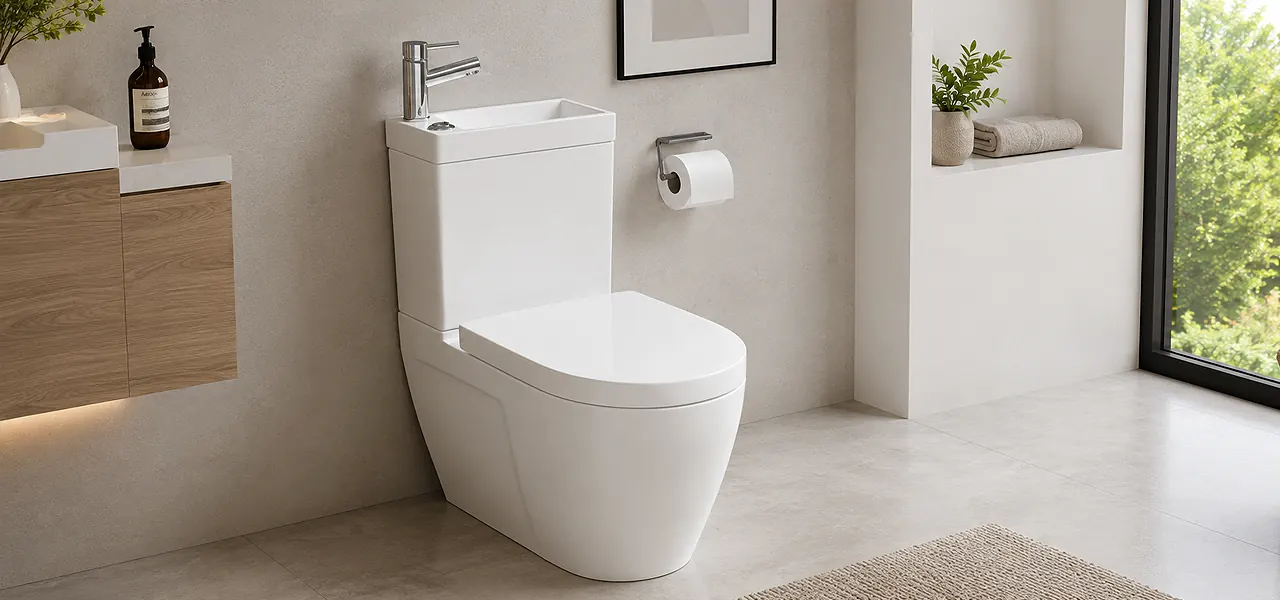 White space-saving combined toilet and basin unit with the compact basin and chrome tap built into the top of the cistern.