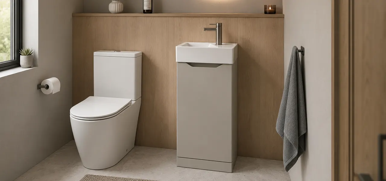 A compact cloakroom-style floor-standing vanity unit in light grey with a slim ceramic countertop basin and chrome tap, set against a warm oak panelled wall with a round backlit mirror above.
