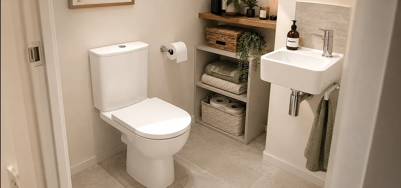 A compact close-coupled toilet in white ceramic with a dual-flush push-button cistern and soft-close seat, shown beside built-in shelving with folded towels and a wicker basket.