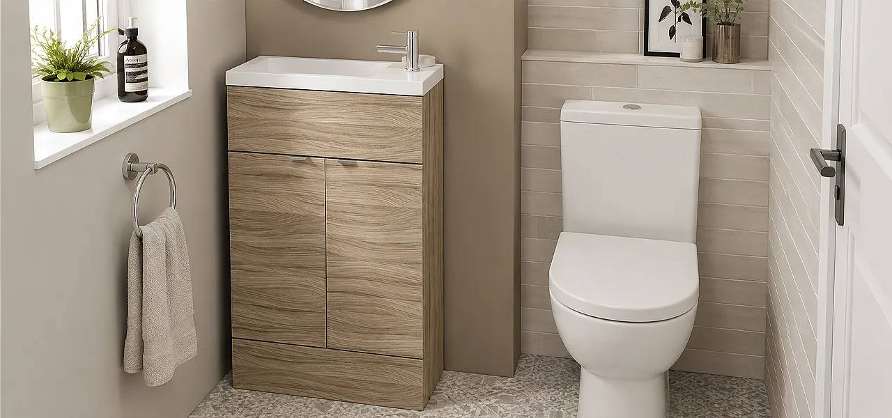 A compact floor-standing vanity unit in driftwood-effect finish with two doors, chrome handles, and a slimline white ceramic basin with a chrome mono mixer tap, designed for cloakroom storage in tight spaces.