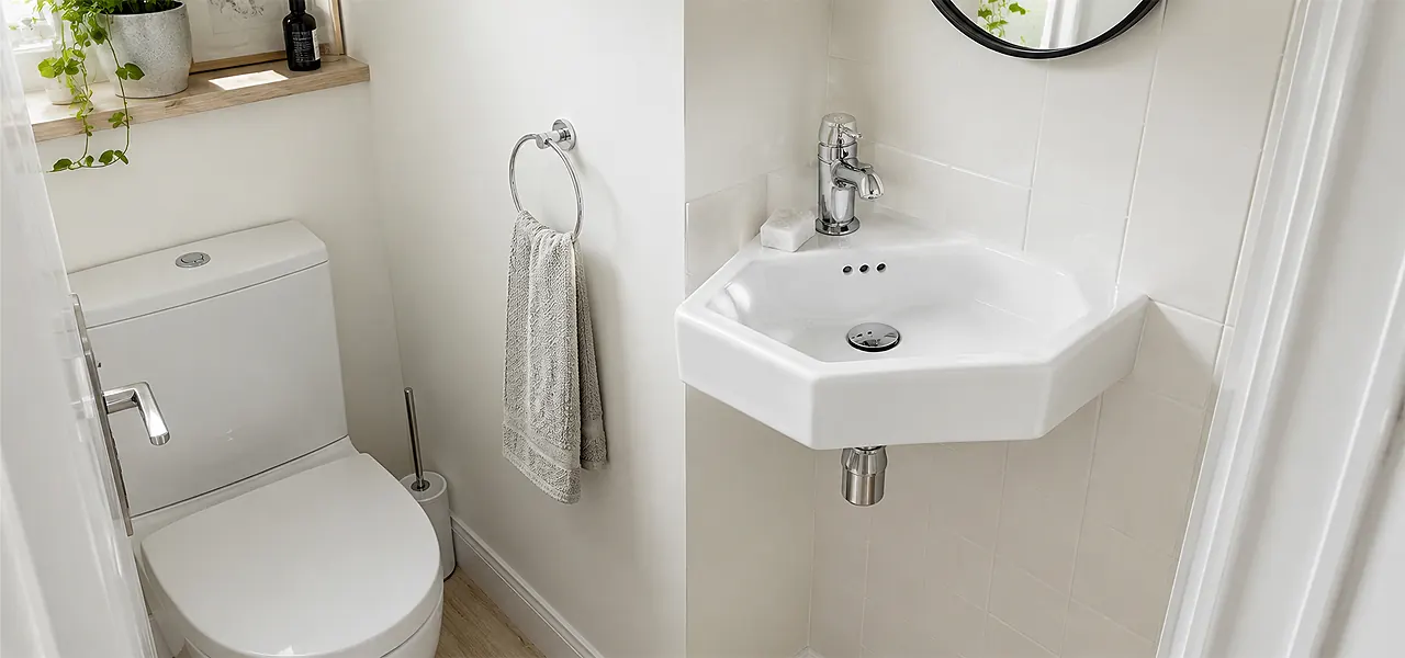 A space-saving white ceramic corner basin with a chrome mono mixer tap, designed to fit cleanly into the corner of a small downstairs toilet.
