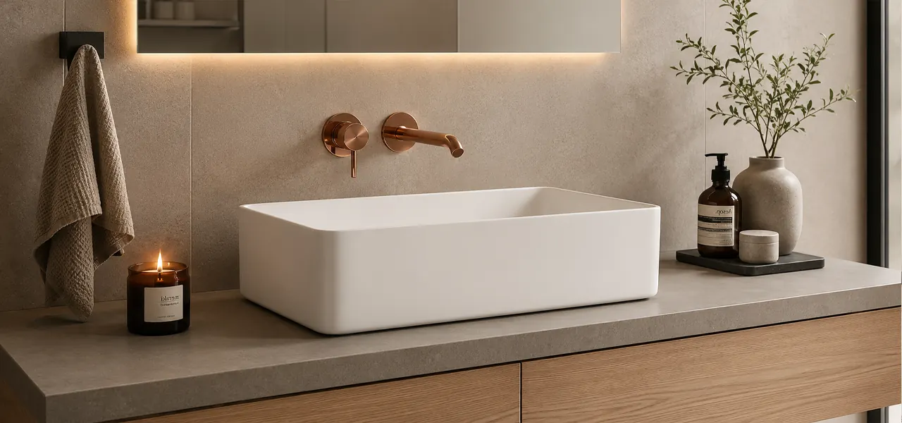A rectangular white ceramic countertop basin sits on a light wood vanity beneath wall-mounted rose gold mixer taps against a grey concrete-effect wall, creating a boutique-hotel-style focal point.