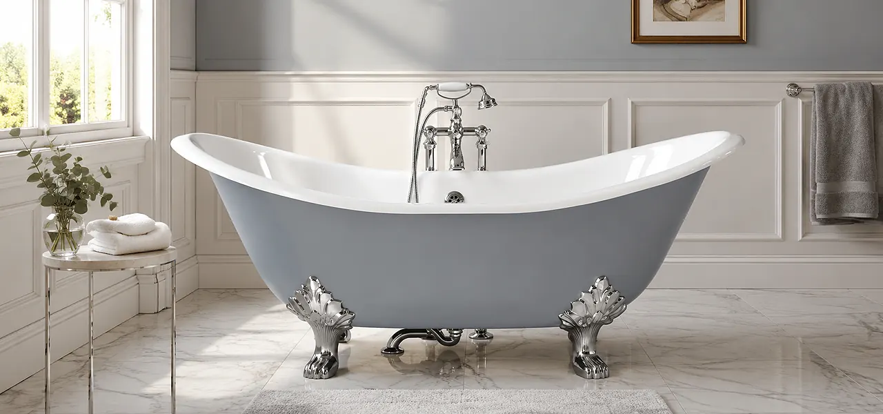 Grey double-ended cast iron slipper bath with both ends raised, ornate nickel claw feet, and centrally mounted taps.