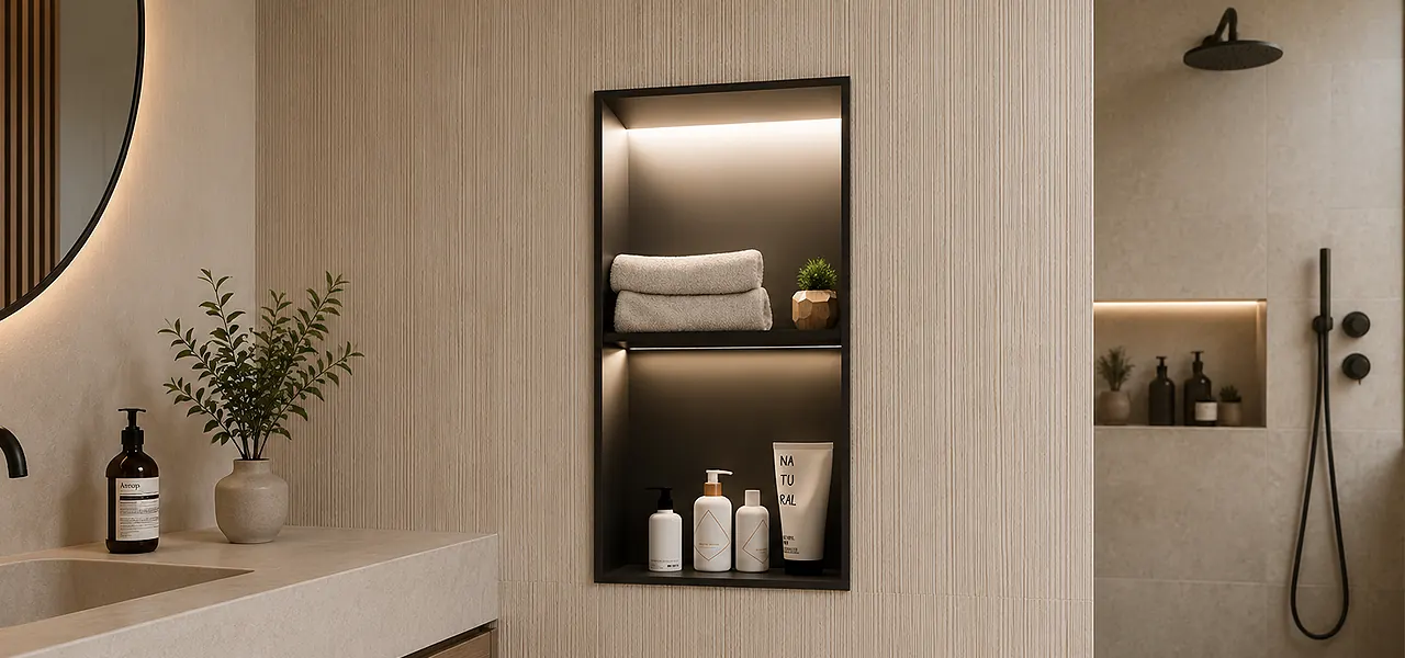 A tall vertical recessed shower niche divided into two compartments by a center shelf, with LED strip lighting illuminating folded gray towels and a small potted plant on top and three white toiletry bottles and a "Natural" tube on the bottom, set into a wood-textured wall.