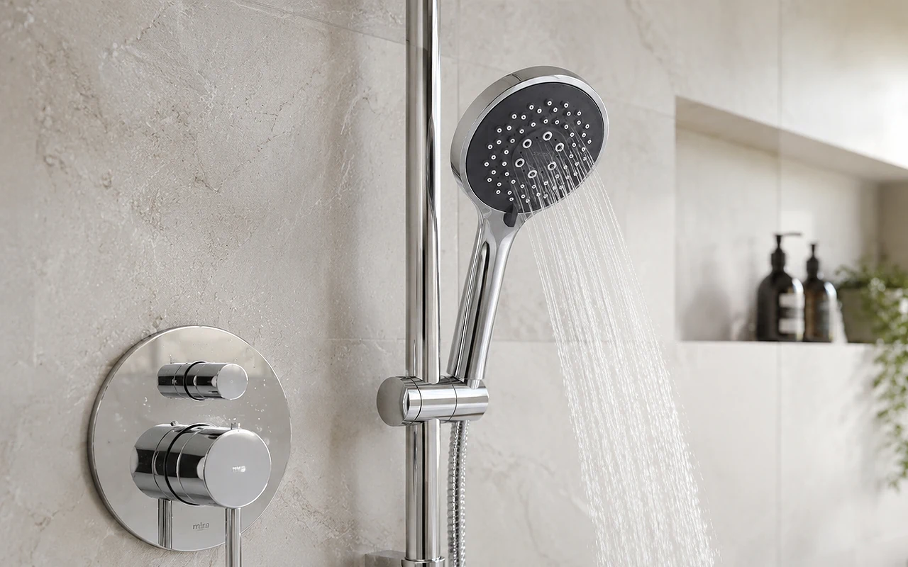 Handheld shower head with multiple spray nozzles and an ergonomic handle designed for accessibility and flexible use.
