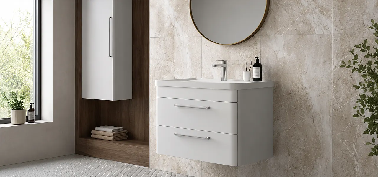 Light grey wall-hung two-drawer vanity unit with a chrome tap and integrated basin, against marble-effect tiles below a round mirror.