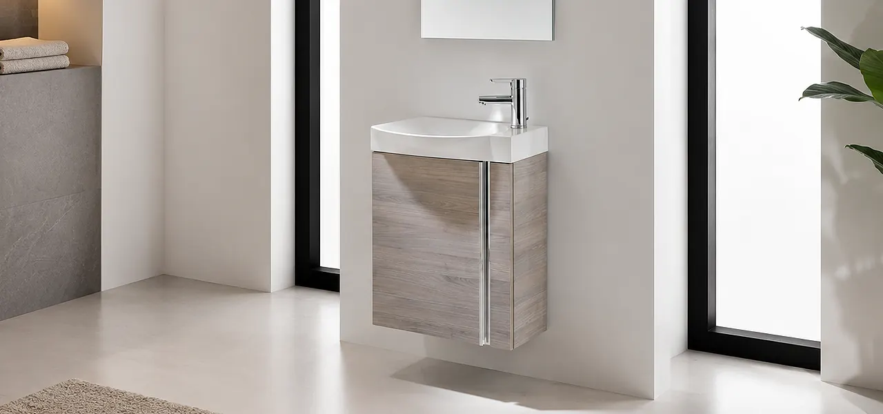 Grey wood-effect wall-hung cloakroom vanity unit with a compact basin, chrome tap and matching mirror, in a bright modern bathroom.