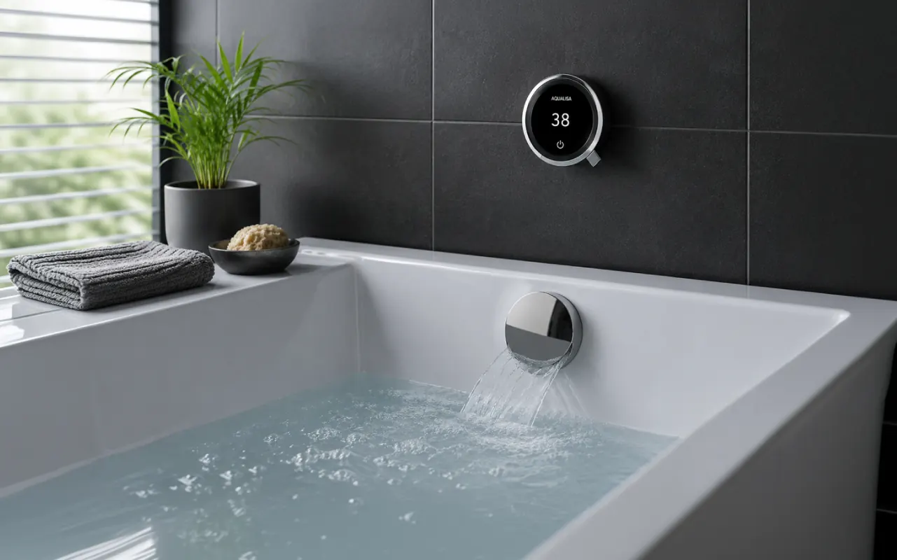 Aqualisa digital controller showing 38 degrees on a dark-tiled wall, filling a bath through a chrome overflow filler.