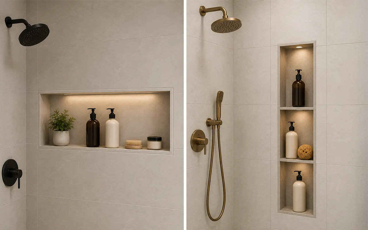 Two shower niche ideas side by side: a wide horizontal recessed niche with a matt black shower and toiletries on the left, and a tall three-tier vertical niche with a brushed brass shower on the right, both in beige stone-effect tiles.