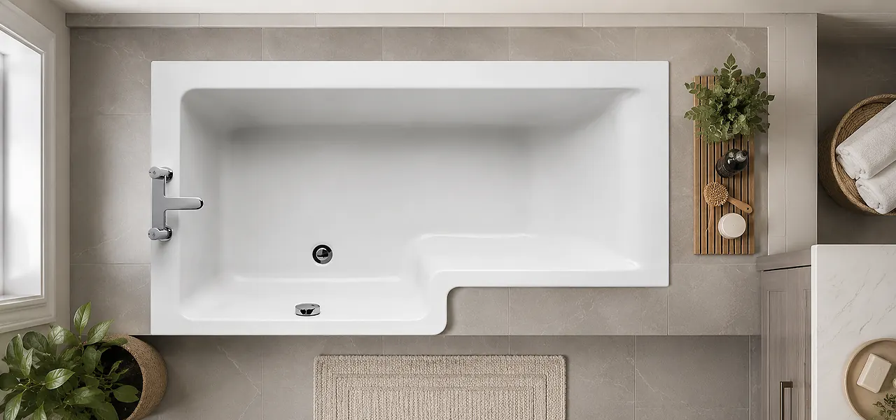 Overhead view of a white square-end L-shaped bath showing the wider squared shower section, narrower bathing end, and tap holes at the end.