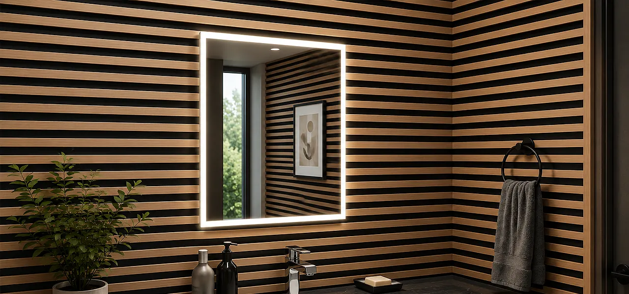 Rectangular LED-illuminated bathroom mirror with a backlit edge, mounted on a wood-slat panelled wall above a vanity.