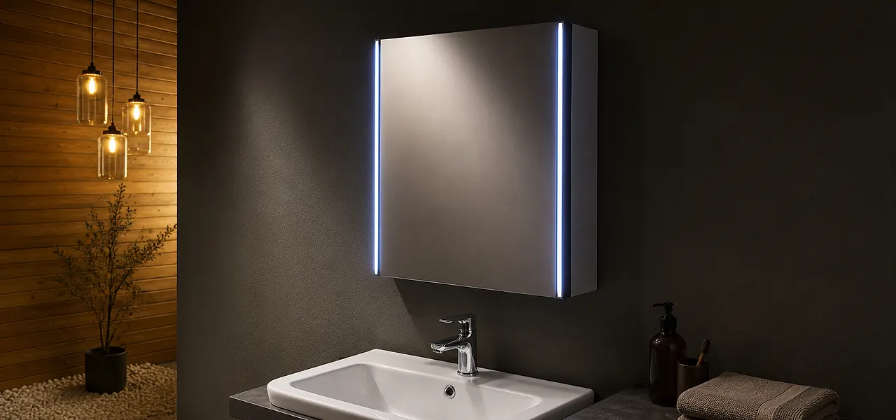 Stainless steel bathroom mirror cabinet with vertical LED light strips down each side, mounted on a dark wall.