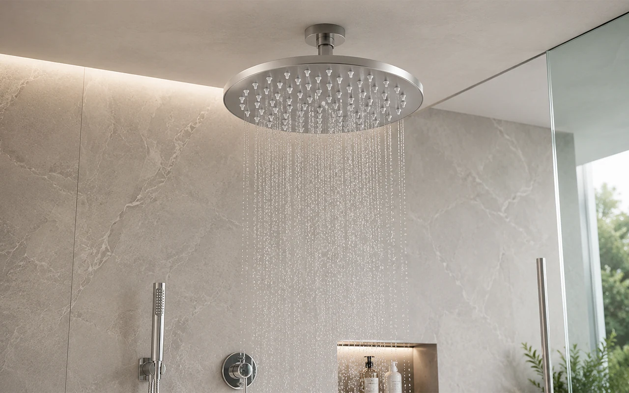 Low water pressure shower head with closely spaced nozzles designed to maintain spray performance with reduced water flow.