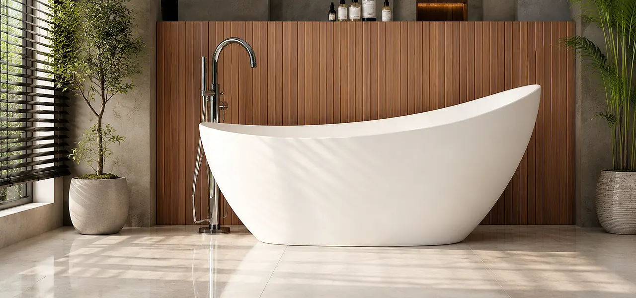 Modern white acrylic single-ended slipper bath with a high sweeping backrest and a floor-standing chrome mixer tap against a timber-panelled wall.