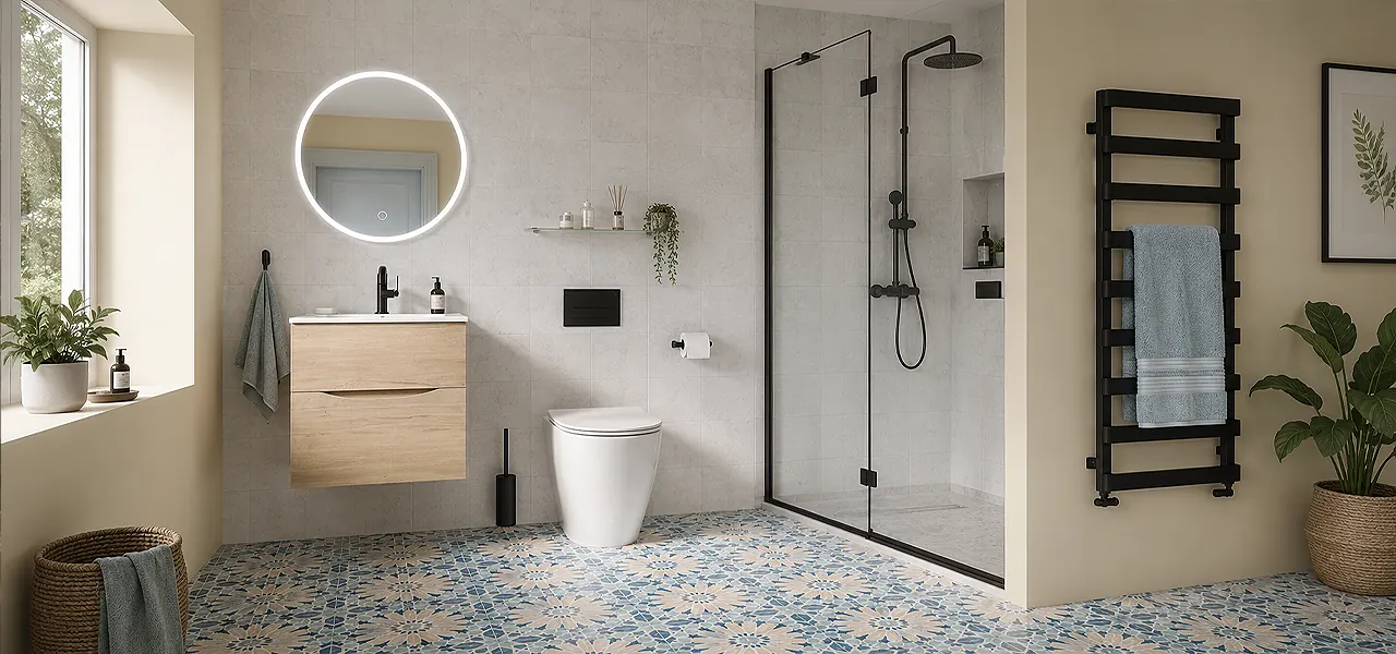 A modern bathroom suite with a walk-in shower enclosure and wall-mounted vanity unit with countertop basin, finished in contemporary tones.