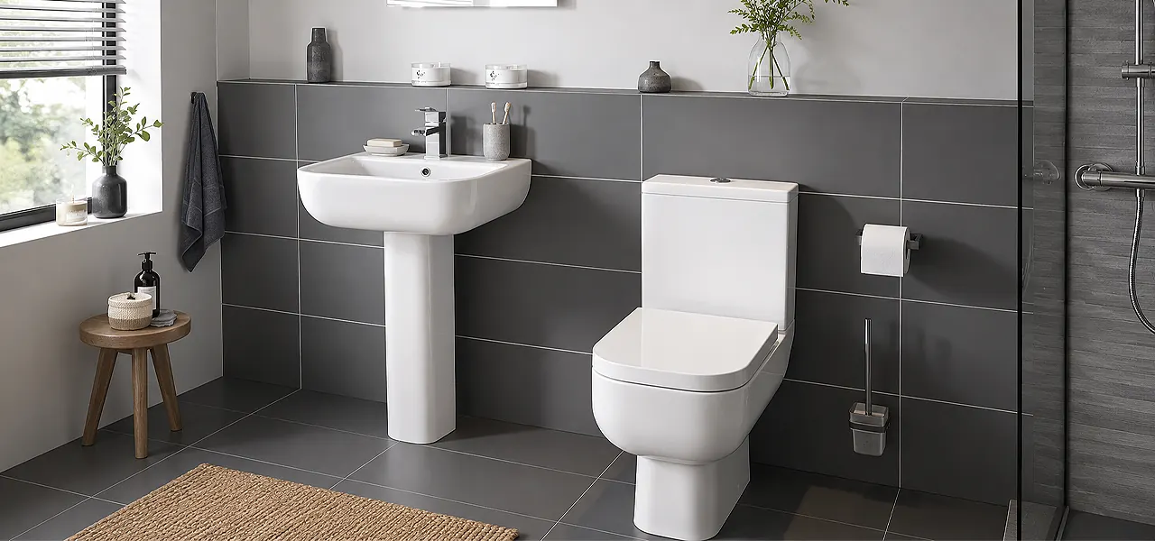 A modern cloakroom suite featuring a white pedestal basin with chrome mixer tap alongside a close-coupled toilet with square-edged soft-close seat, set against grey tiled walls and floor.