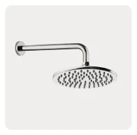 Polished chrome shower head with a reflective silver finish mounted on a curved wall arm.