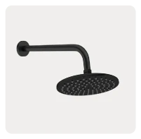 Matte black shower head with a dark modern finish mounted on a curved wall arm.