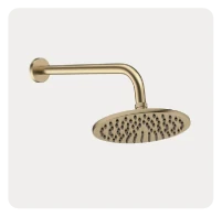 Brushed brass shower head with a warm gold-toned finish mounted on a curved wall arm.
