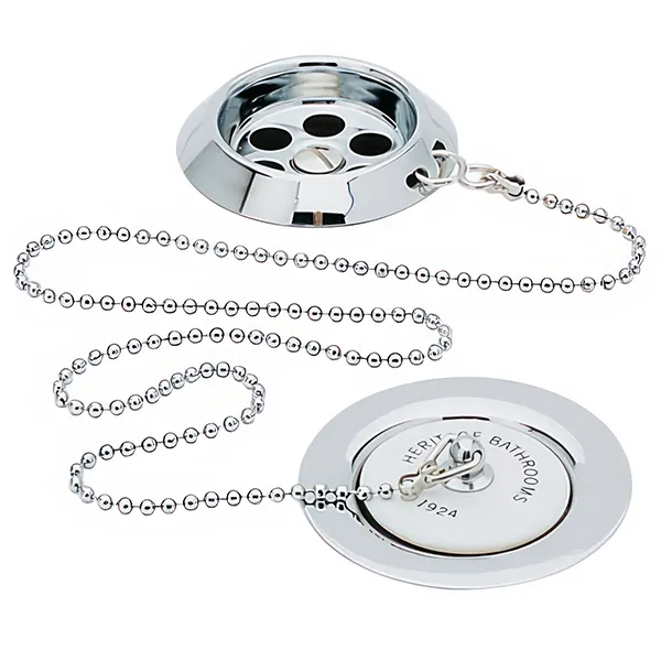 Chrome plug-and-chain bath waste with a slotted overflow grille and a rubber-backed plug on a ball chain.