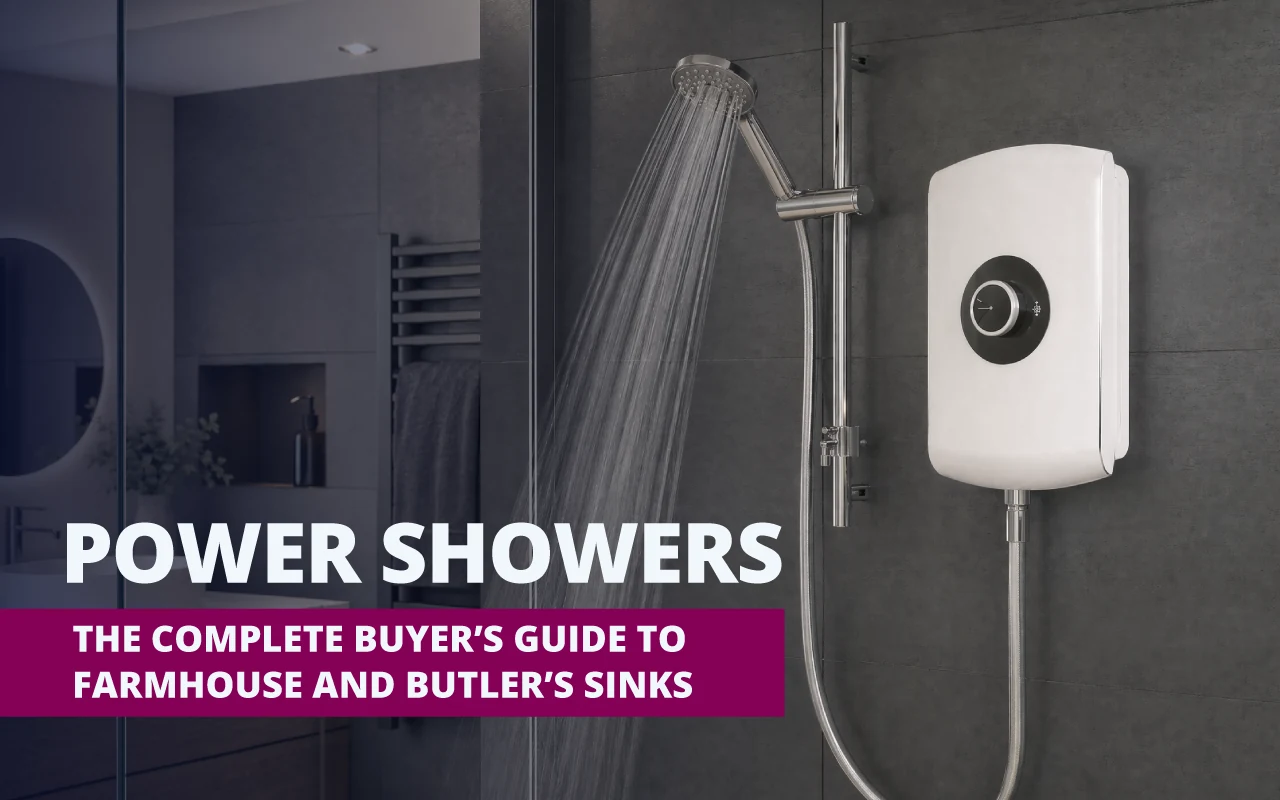 Modern power shower unit mounted on a dark tiled bathroom wall beside a handheld shower head spraying water, with overlaid text reading “Power Showers – The Complete Buyer’s Guide