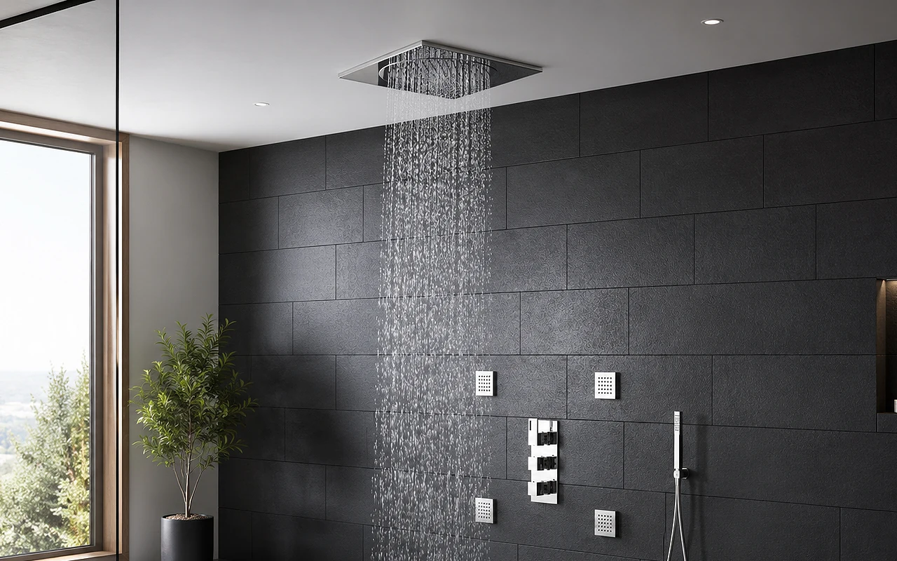 Ceiling-mounted rainfall shower head releasing a wide stream of water in a modern tiled shower enclosure.
