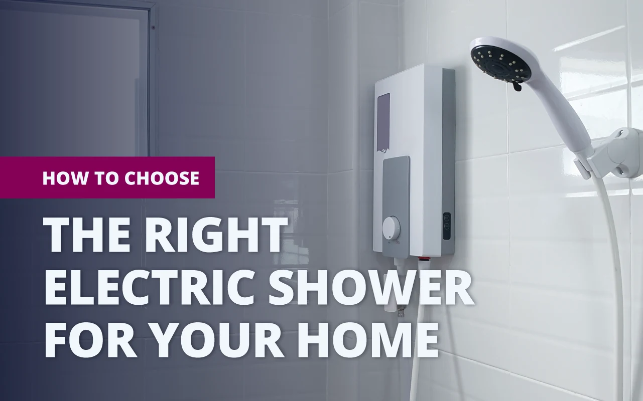 White electric shower unit mounted on a tiled bathroom wall beside a handheld shower head, with overlaid text reading “How to Choose the Right Electric Shower for Your Home.”