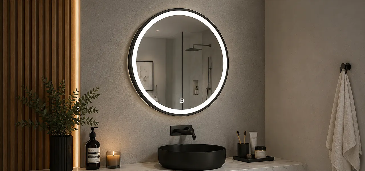Round LED-illuminated bathroom mirror with a matt black frame and a touch sensor on the lower edge.