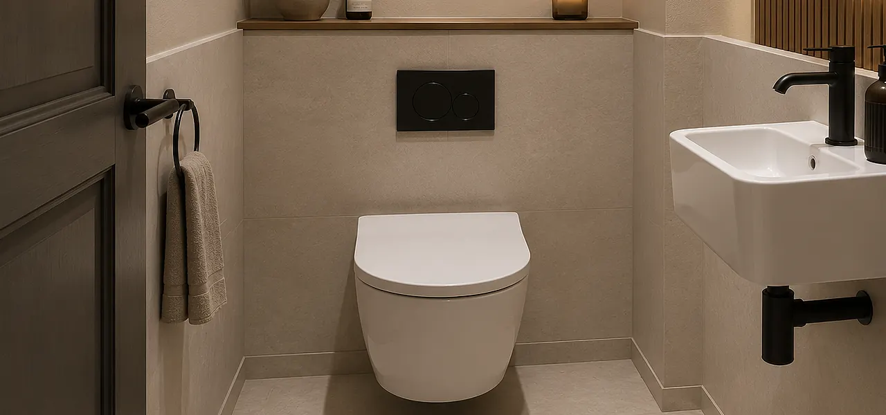 A side view of a modern short-projection wall-hung toilet in white ceramic with a soft-close seat, designed to save floor space in a narrow cloakroom by floating on the wall.
