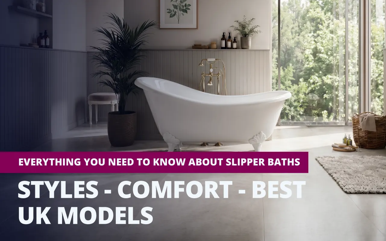 White clawfoot slipper bath with a raised reclining end and gold floor-standing taps in a bright bathroom with a large garden window, beside the title "Everything You Need To Know About Slipper Baths: Styles, Comfort & Best UK Models."