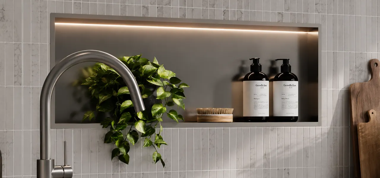 A horizontal stainless steel shower niche set into a wall of gray vertical mosaic tiles, holding two amber pump bottles of shampoo and body wash and a wooden nail brush, with a trailing pothos plant draped beside a chrome tap.