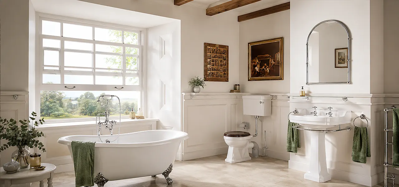 A traditional bathroom suite with a roll-top freestanding bath on black claw feet, a close-coupled toilet with a wooden seat, and a pedestal basin with chrome fittings, set in a period-style room with wood-beamed ceiling and cream wainscoting.