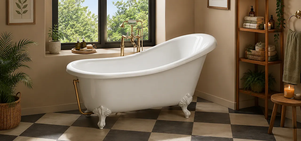 Traditional white clawfoot slipper bath with brass feet and a brass floor-standing telephone tap on a black-and-white checkerboard floor.