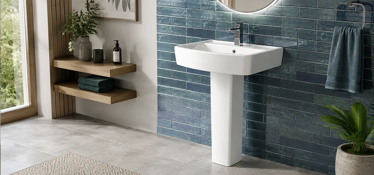 A traditional white pedestal basin with a chrome mixer tap, mounted against a glossy blue-green brick-tiled wall above a grey tiled floor, offering a space-saving classic style.