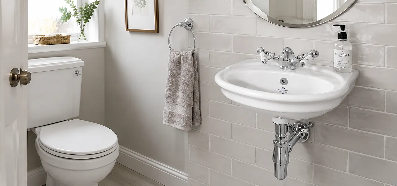 A traditional wall-mounted cloakroom basin in white ceramic with a chrome bridge tap and exposed chrome bottle trap, set against grey brick tiles for a period-style downstairs toilet.